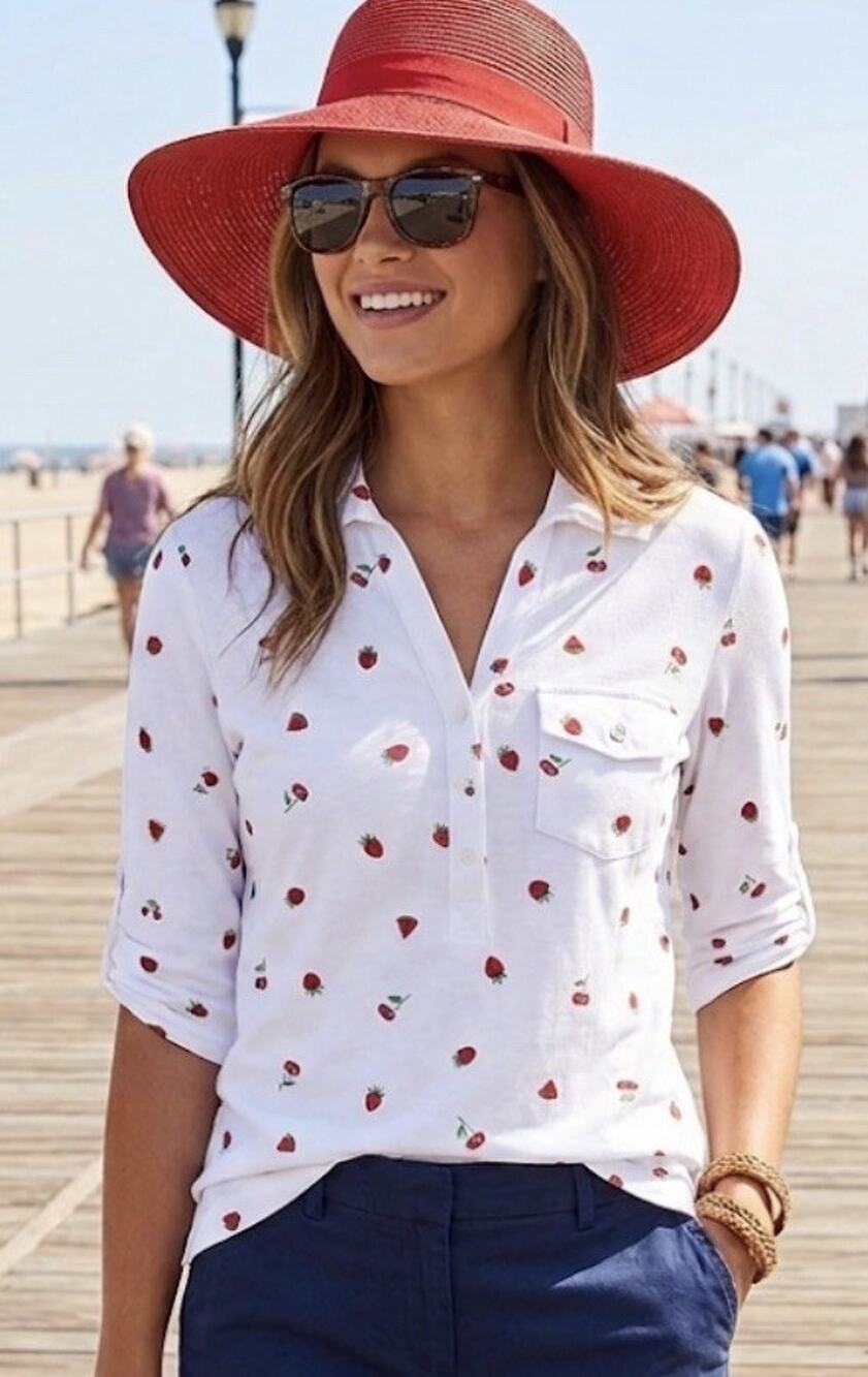 White Polo w Cherries, Strawberries, Watermelon S Roll Tab Shirt granny core